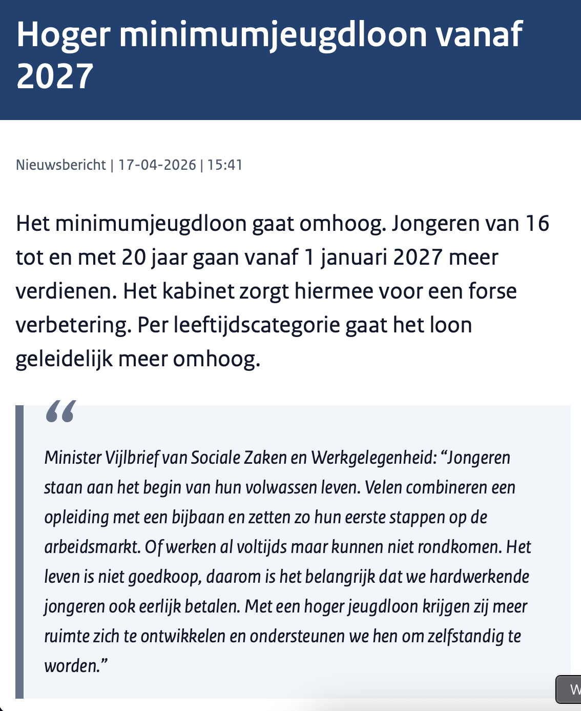 Nieuwsbericht Rijksoverheid: hoger minimumjeugdloon vanaf 2027