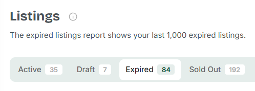 A screenshot of the top of eRank's Listings page, showing 4 different tabs: Active, Draft, Expired, and Sold Out.