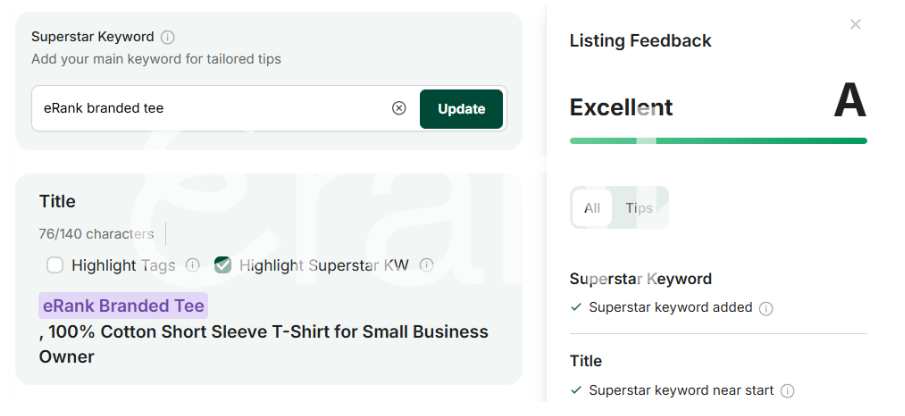 Screenshot from eRank's Listing Audit tool, with feedback on the superstar keyword for that listing.