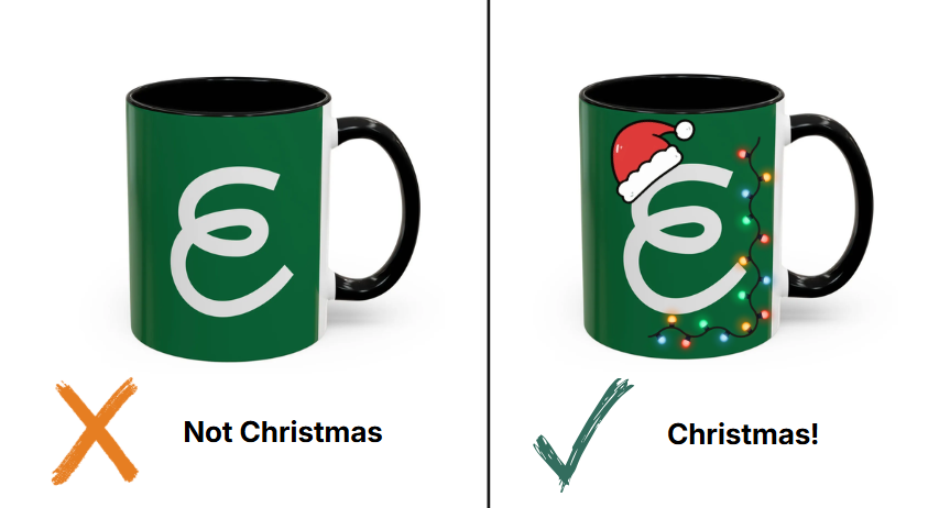 Two green eRank mugs side by side. The left one is plain and noted "Not Christmas", while the right one with holiday lights and a Santa hat is noted "Christmas!".