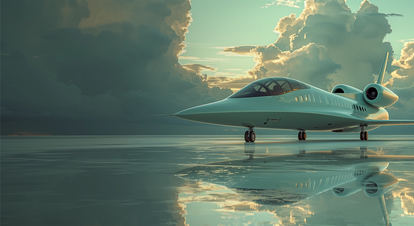 Avion moderne sur une piste au coucher du soleil, symbolisant l’élégance et la performance.
