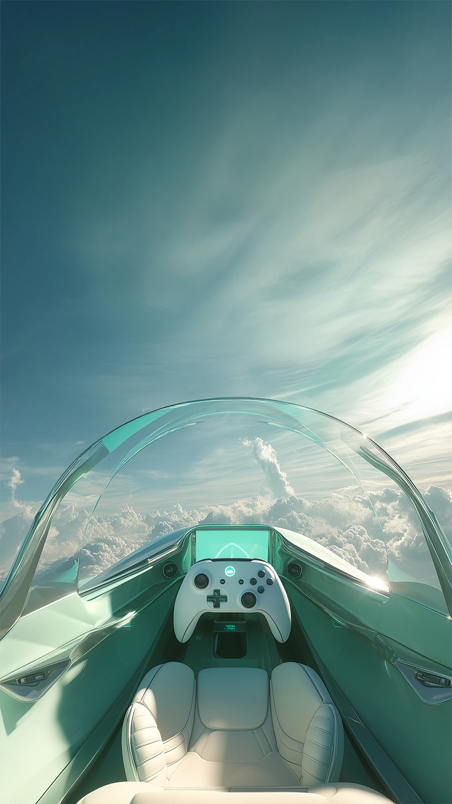 Vue immersive d’un cockpit équipé d’une manette de commande unique, symbole d’un contrôle simple et intuitif.