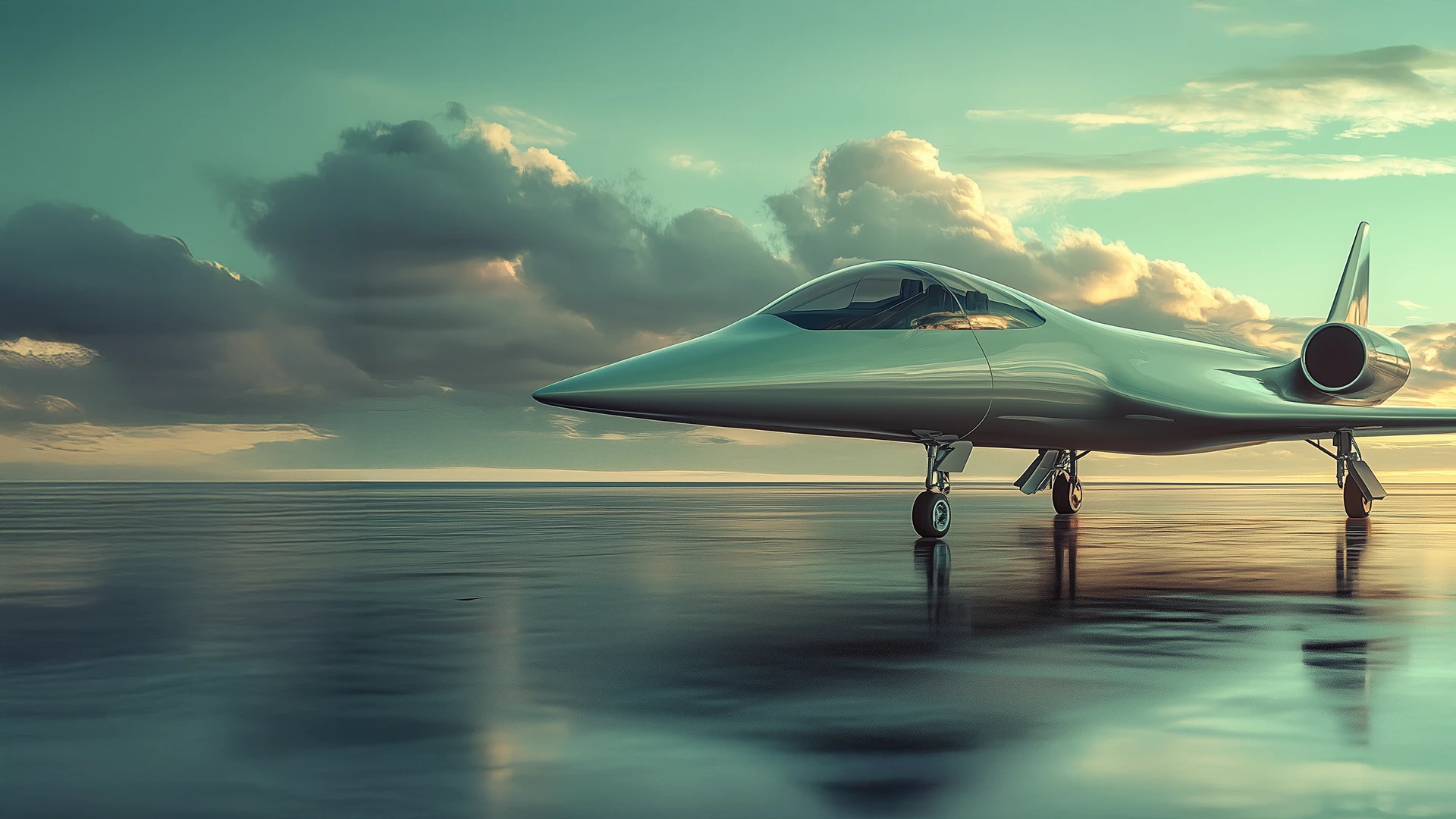 Avion moderne sur une piste au coucher du soleil, symbolisant l’élégance et la performance.