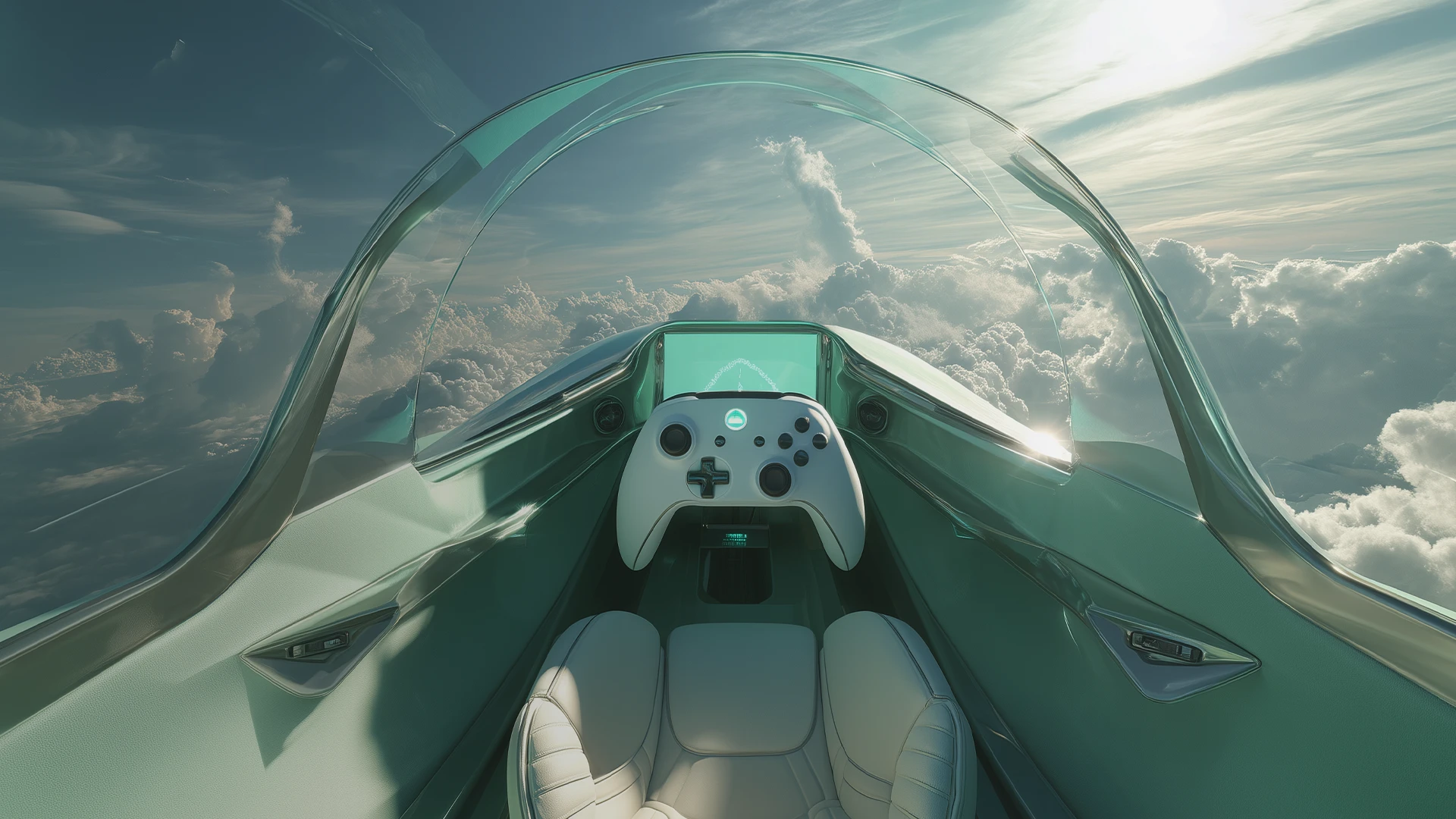 Vue immersive d’un cockpit équipé d’une manette de commande unique, symbole d’un contrôle simple et intuitif.