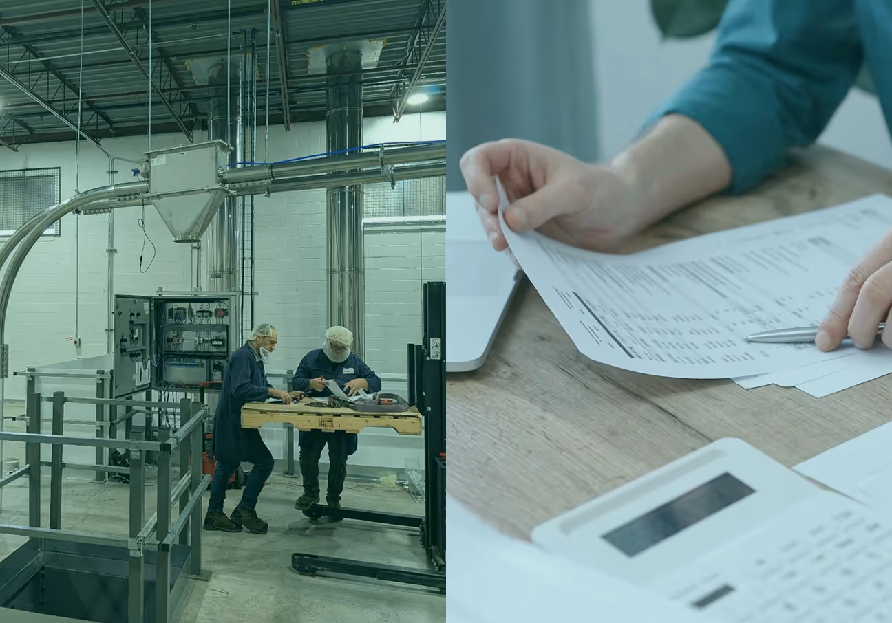 Left side: Factory workers in hair and beard nets doing paper work. Right Side: Man reviewing paperwork