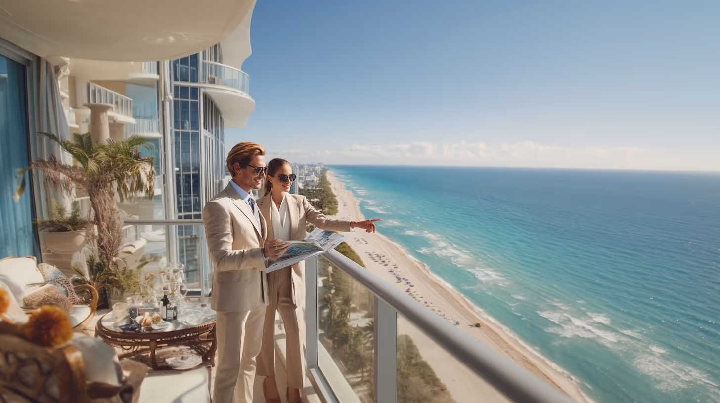 Man and woman in beige suits standing on a balcony overlooking a sunny beach and turquoise ocean.