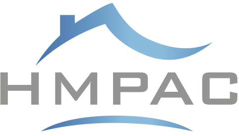 Logo stylisé représentant le toit d'une maison bleu au-dessus du texte HMPAC en gris.