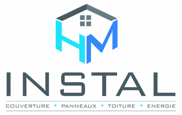 Logo HM Instal avec un dessin stylisé d'une maison et le texte 'Instal' accompagné des mots 'Couverture, Panneaux, Toiture, Énergie'.