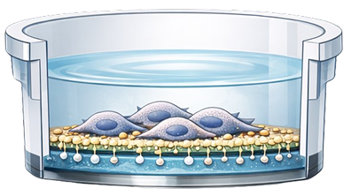 Cross-sectional illustration of cells growing adhered to a petri dish surface containing culture medium.