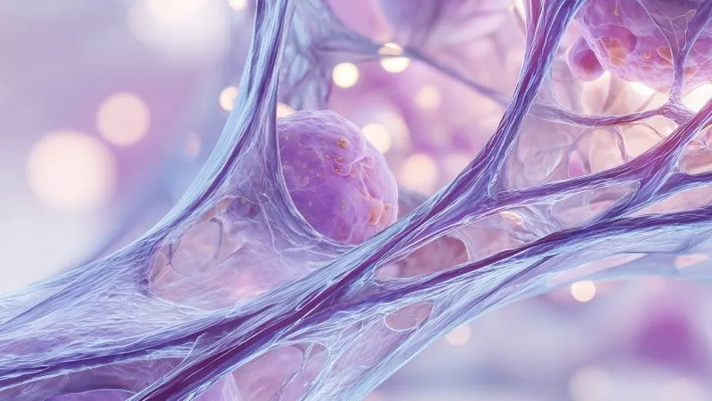 Microscopic 3D visualization of lymphatic cells within a fibrous, translucent network in purple and pink tones.