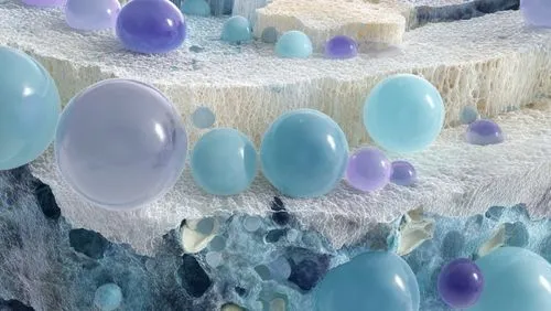 3D representation of joint tissue with spherical molecules embedded in layered bone and cartilage structure.