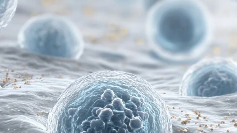 3D illustration of human cells with visible nuclei and a soft, fluid-like background.