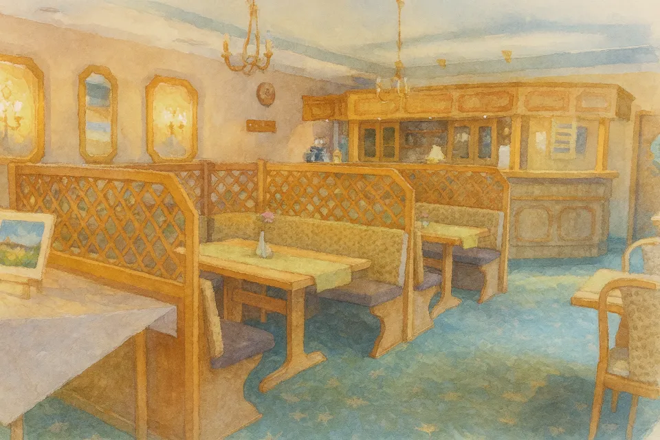 Heller Speisesaal mit Holzmöbeln und eingedeckten Tischen.