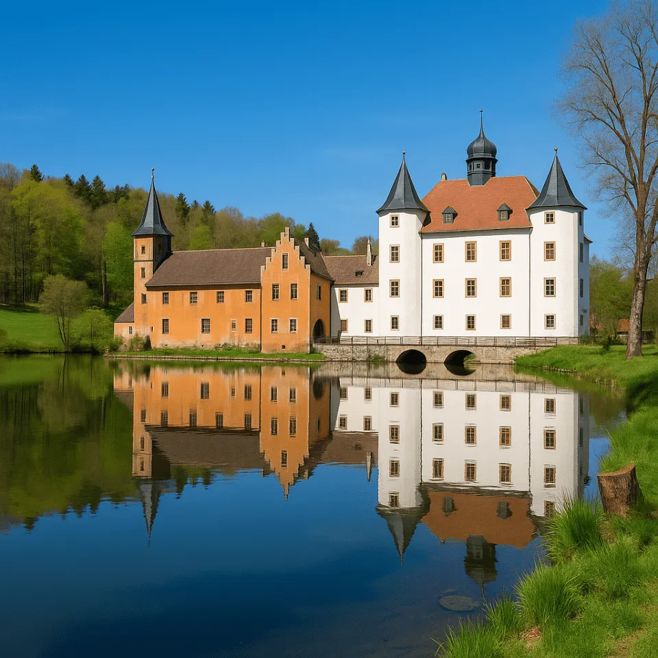 Schloss am See mit Spiegelung im Wasser, umgeben von Bäumen.