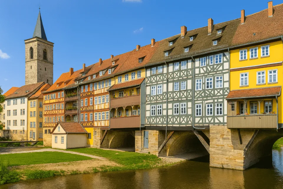 Reihe bunter Häuser auf einer Brücke über dem Fluss.
