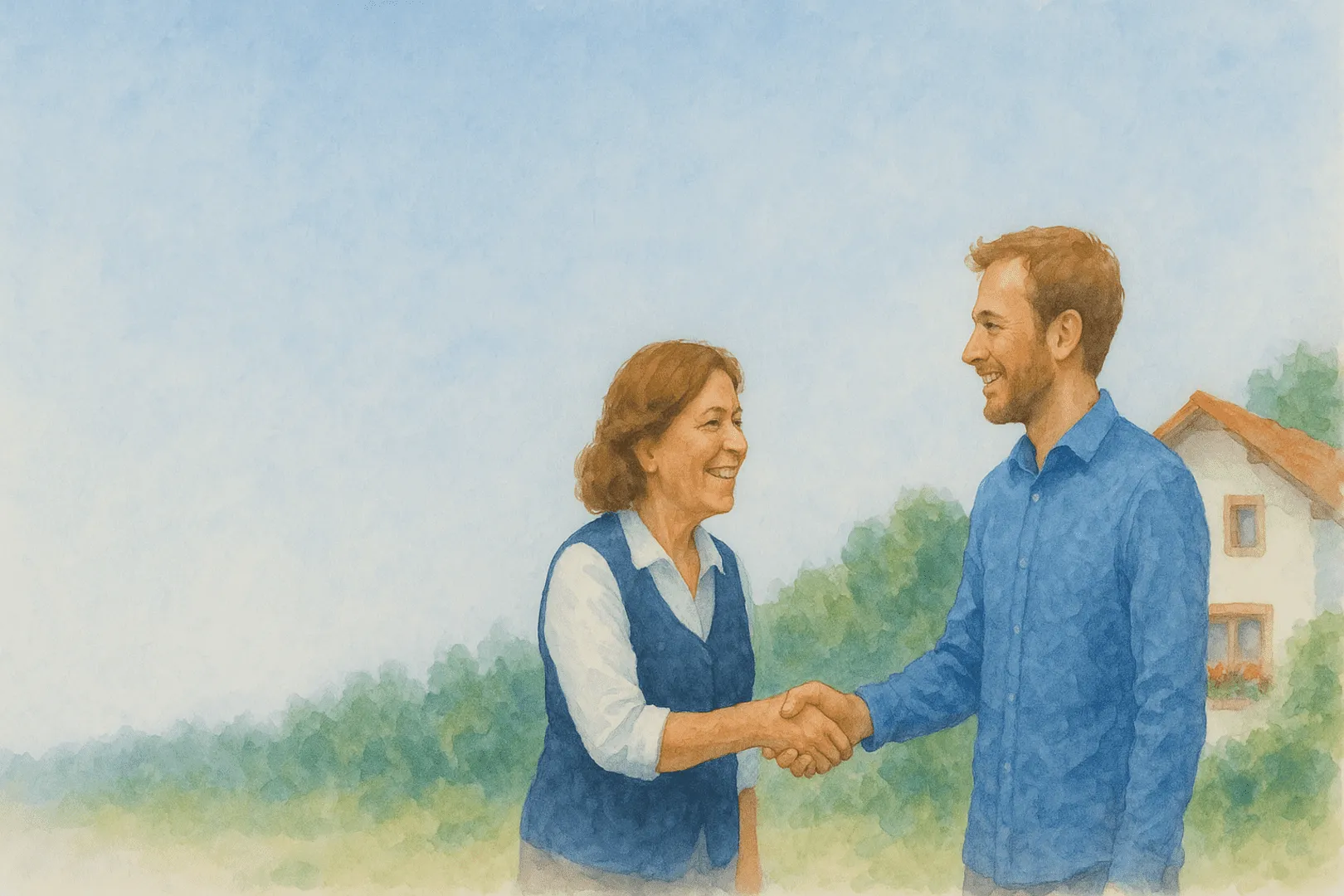 Illustration zweier Menschen, die sich zur Begrüßung die Hand geben.