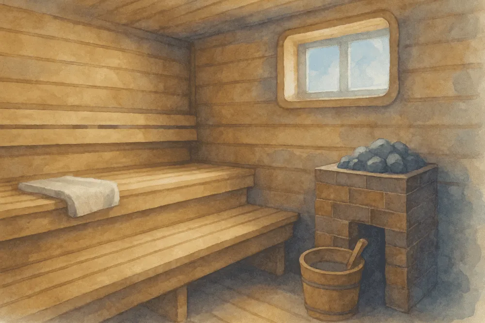 Gemütliche Sauna aus Holz mit Bank und kleinem Fenster.