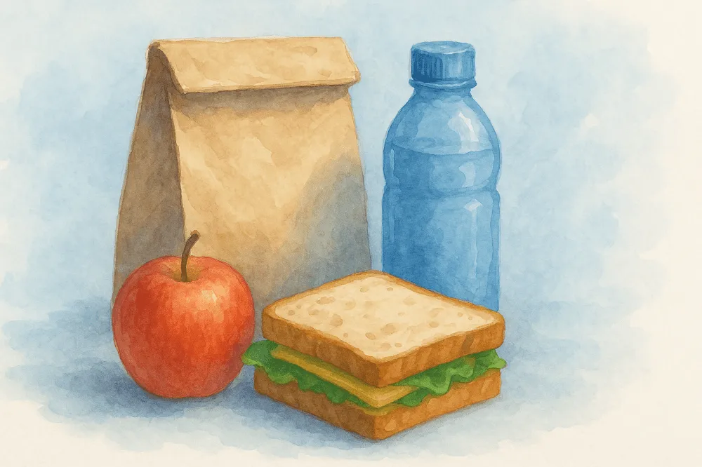 Illustration eines Lunchpakets mit Apfel, Wasserflasche, Sandwich und Papiertüte.