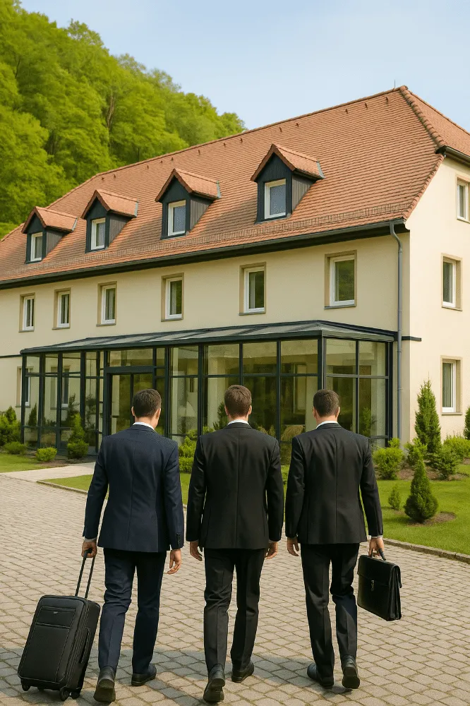 Gruppe von Gästen mit Koffern vor einem Hotelgebäude.