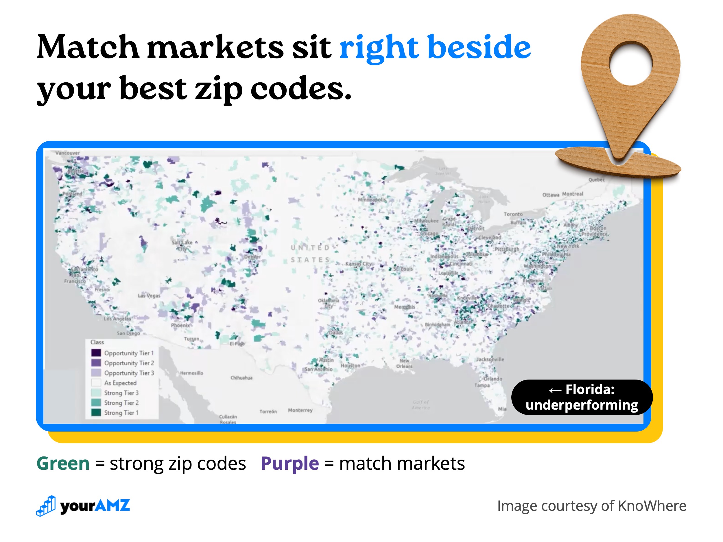 KnoWhere's zip code model for one client. Green zip codes are where the brand already sells well; purple zip codes are match markets with the same potential and little exposure. Image courtesy of KnoWhere.