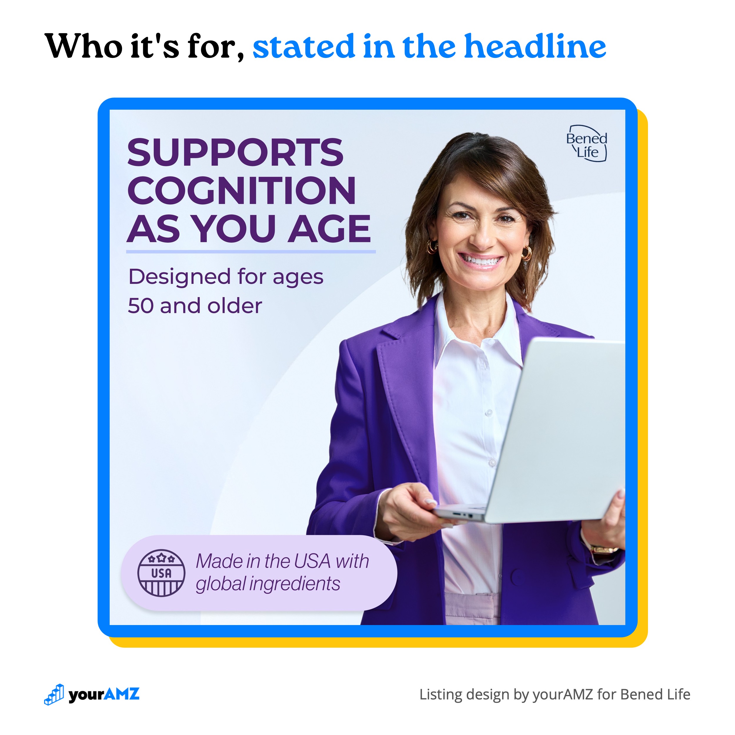 The brief's target customer and motivations, turned into one image: who it's for, stated in the headline, and the work-life moment they're buying for, shown in the photo.