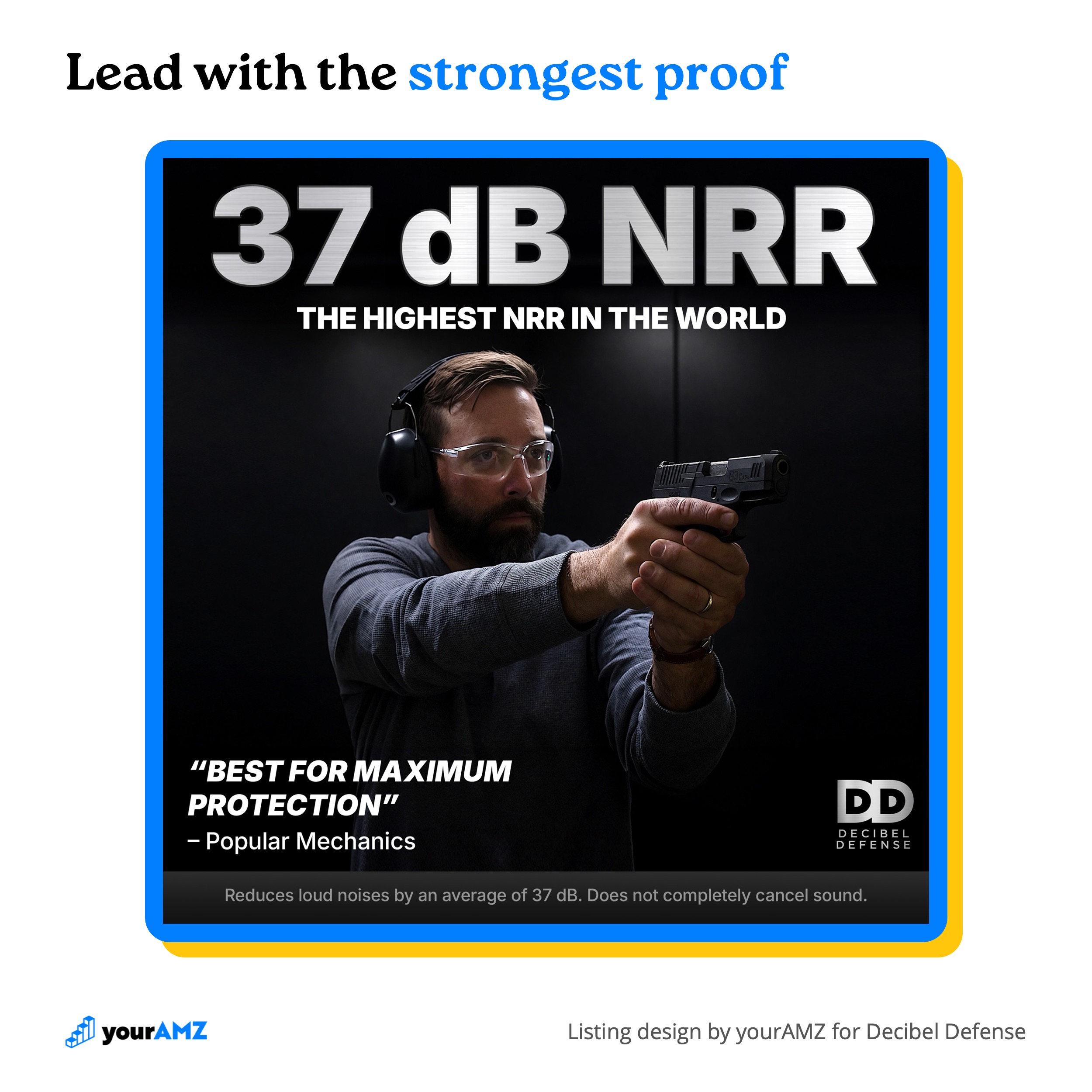 The core benefit, carried by its strongest proof: the 37 dB NRR in the headline and an expert endorsement underneath.