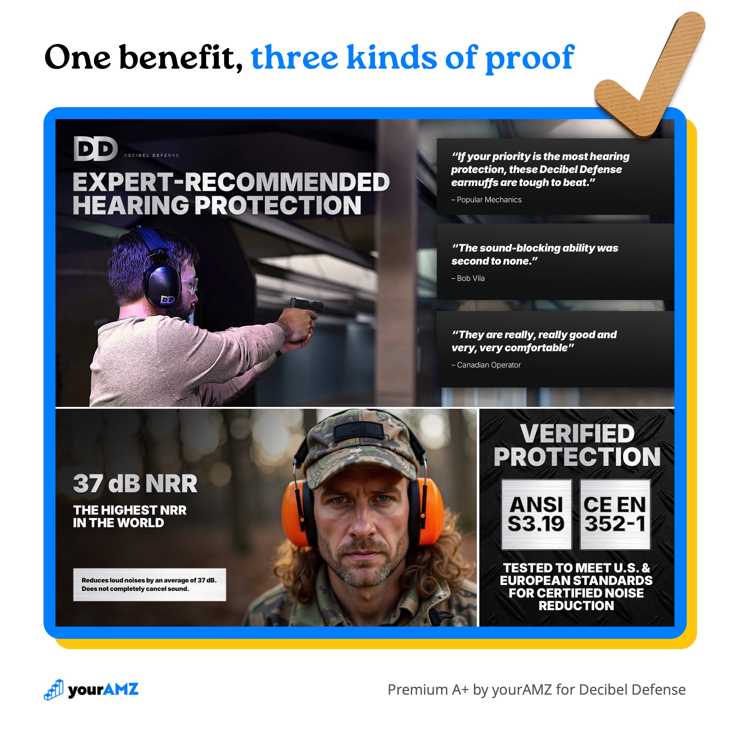 One benefit, three kinds of proof: expert endorsements, a measurable rating, and two independent certifications.