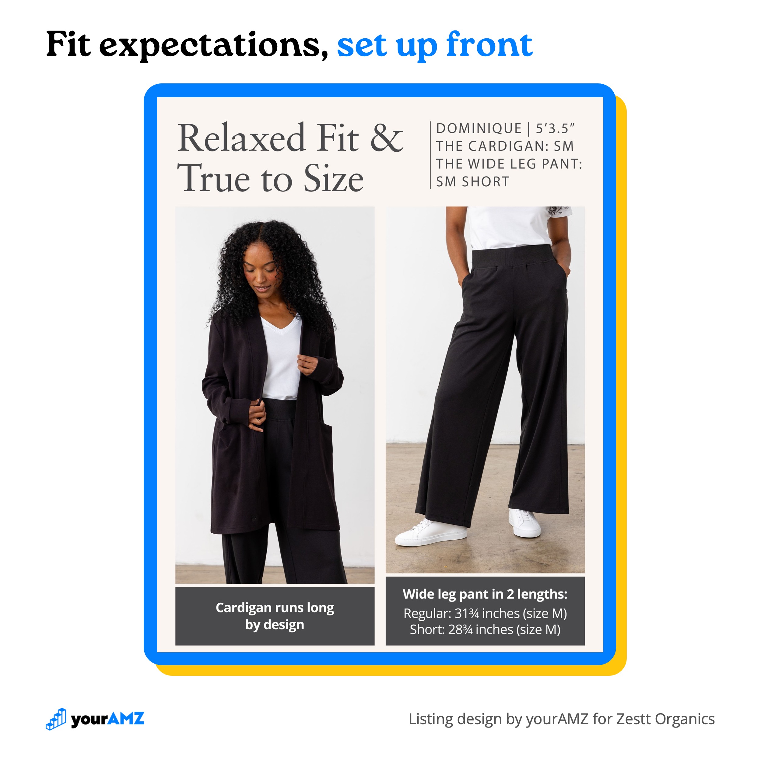 True to size, relaxed by design, and the model's height and size on the image: the three facts that settle most fit questions.