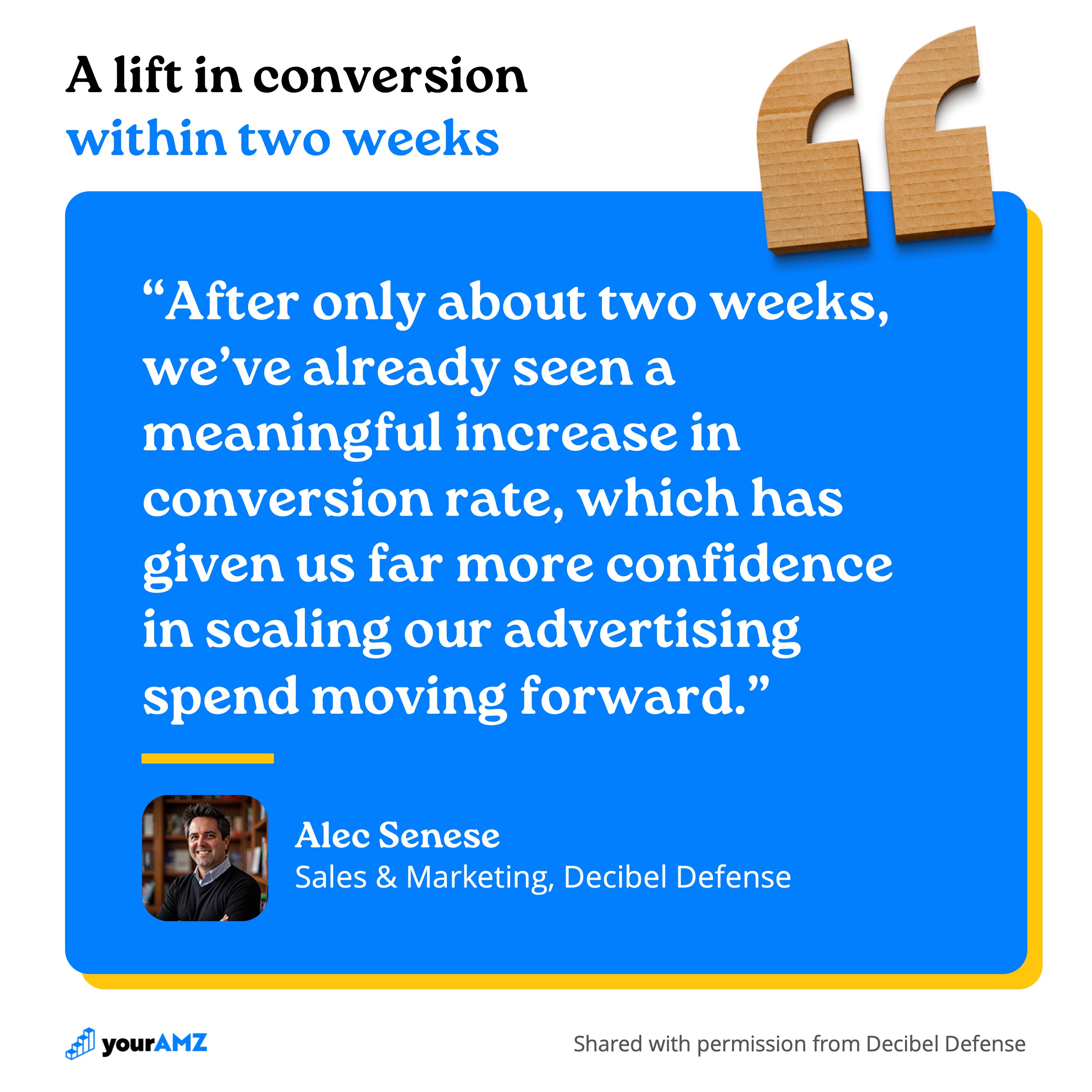 “After only about two weeks, we’ve already seen a meaningful increase in conversion rate, which has given us far more confidence in scaling our advertising spend moving forward.” Alec Senese, Sales & Marketing, Decibel Defense