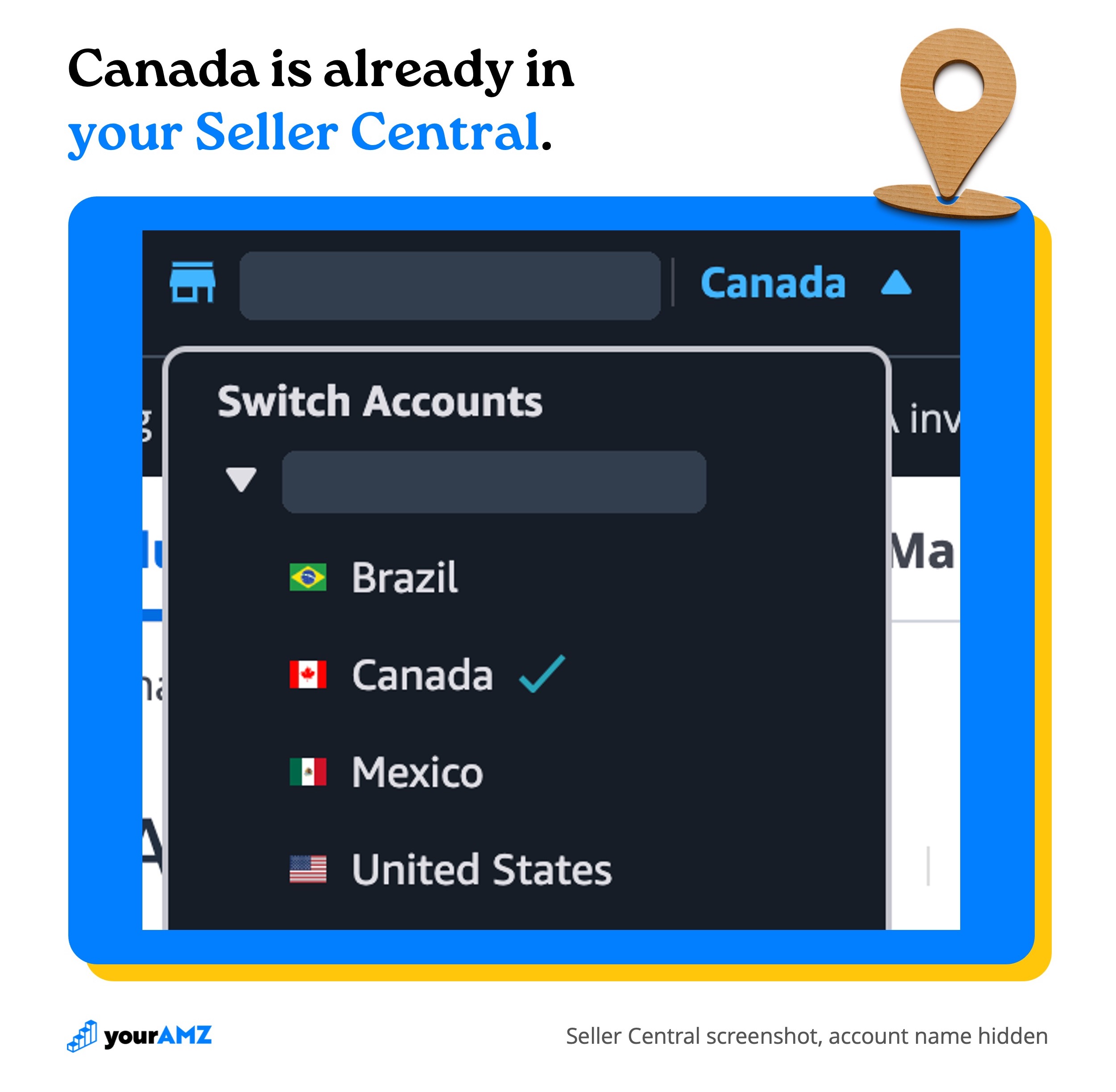 Your Canada account sits inside the same Seller Central login. Switch to it from the menu in the top-left corner.