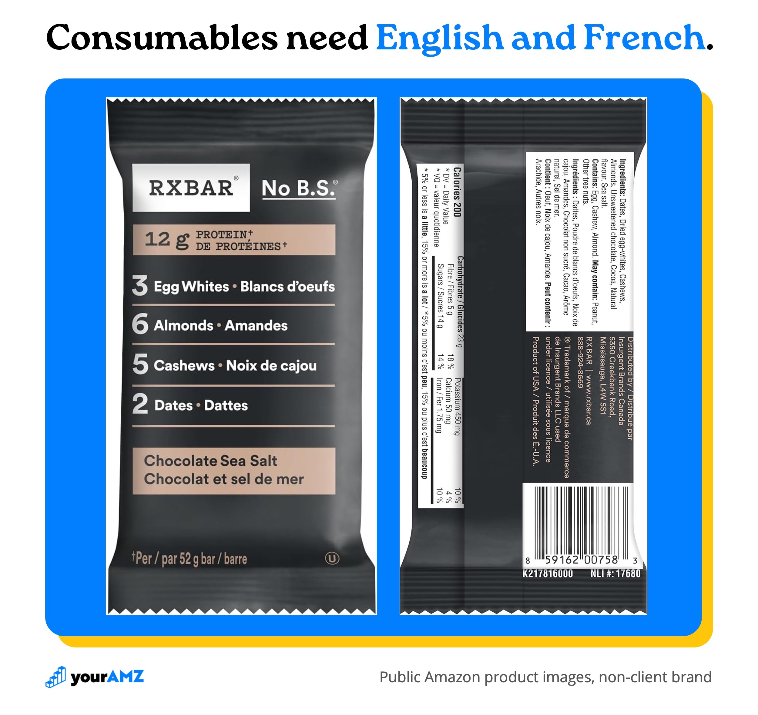 Every line of copy on this wrapper appears in English and French, from the protein claim on the front to the ingredients and allergens on the back.