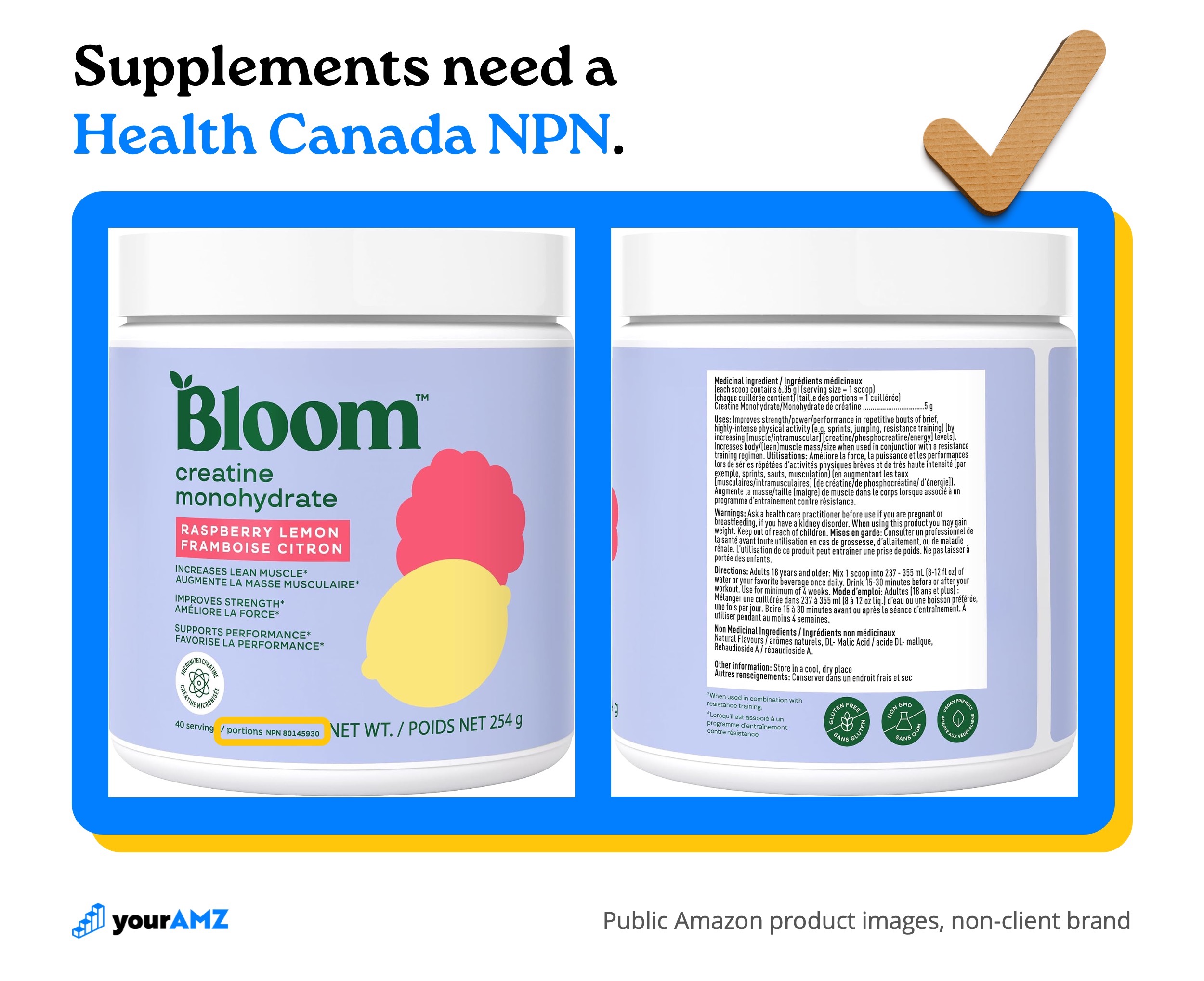 The NPN on the front panel is the Health Canada licence number. The back panel repeats every use, warning, and direction in both languages.