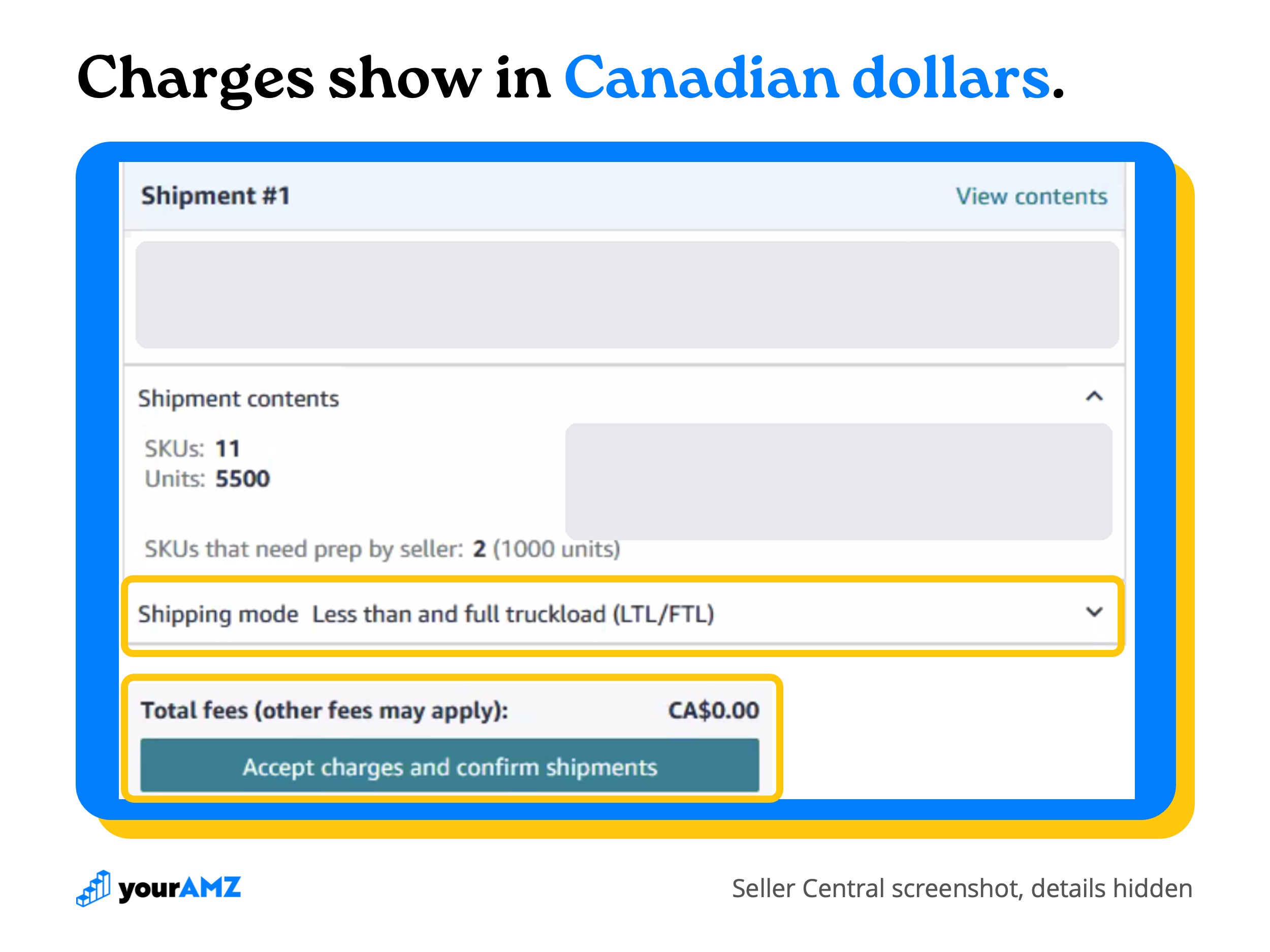 Amazon assigns the Canadian fulfillment center and shows the charges in Canadian dollars before you confirm.