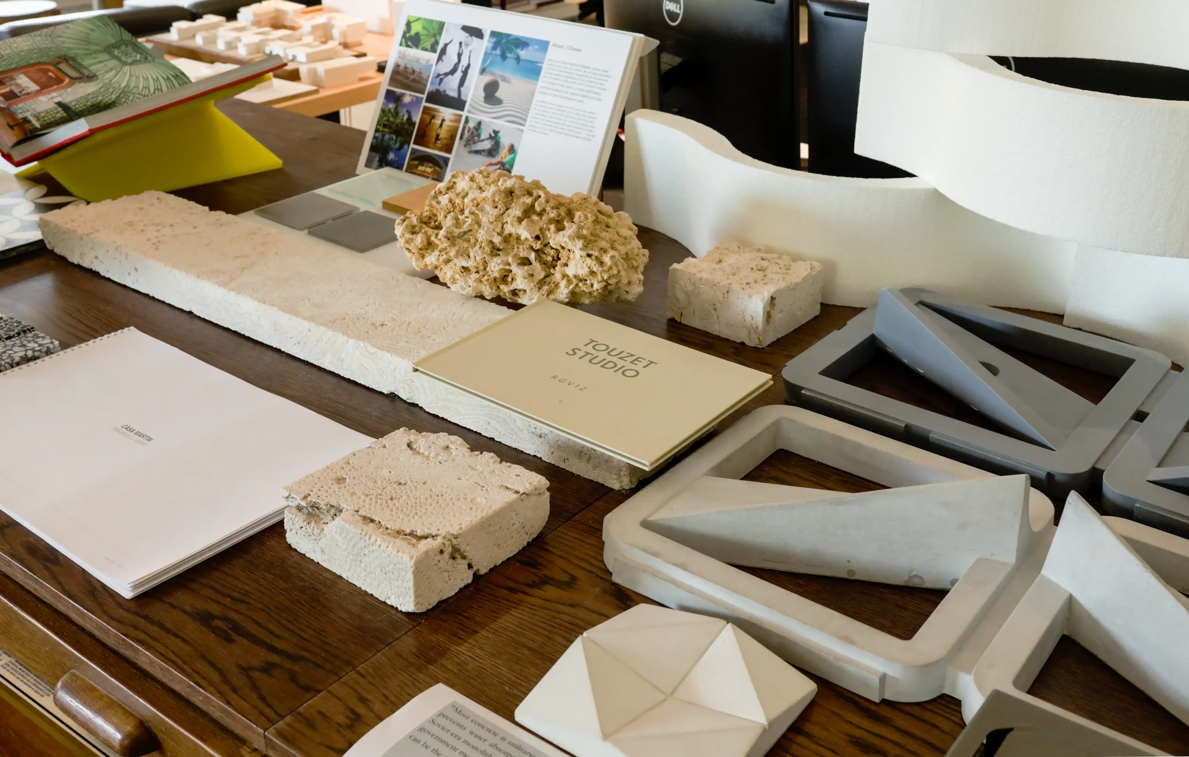 Vintage flat files displaying architectural material samples, models, and prototypes at Touzet Studio in Little Havana, Miami.