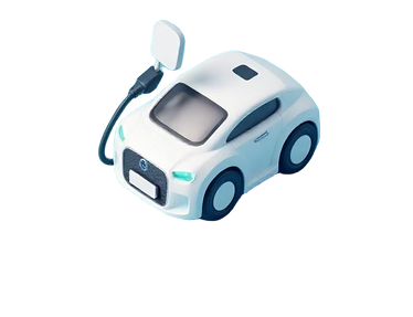 White compact electric car with a charging cable.