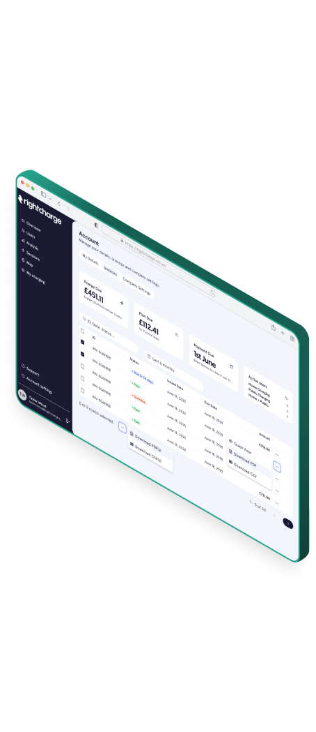 Dashboard interface of a billing and account management system showing invoices and account user details.