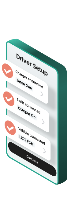 Mobile interface showing driver setup screen with connected charger.