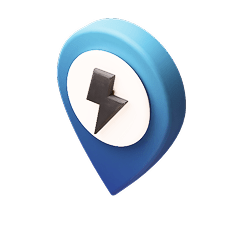 3D blue location pin with a white circle featuring a black lightning bolt icon.