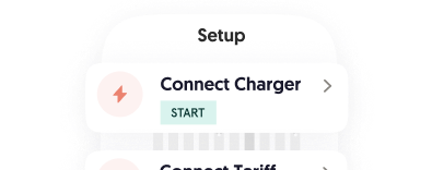 Mobile app screen showing a 'Setup' step with an option to 'Connect Charger' marked as START.