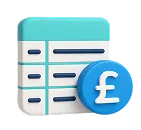 3D icon of a white and turquoise table with a blue circle showing a white British pound symbol.
