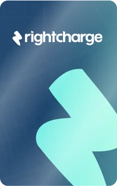 Rightcharge logo in white text with a stylized white and teal background.