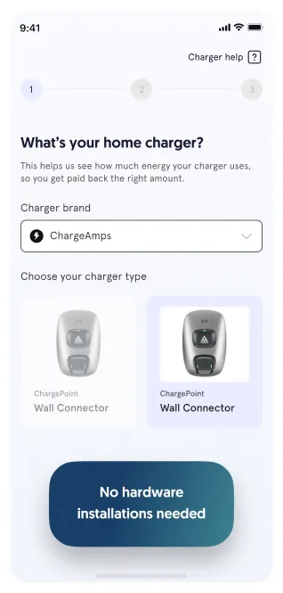 Mobile screen showing a form to select a home charger brand and type with ChargeAmps selected.