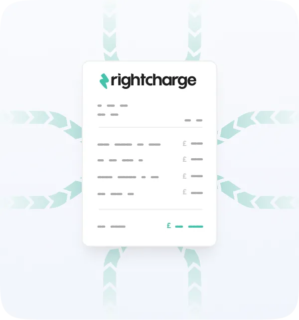 Illustration of a digital bill with the RightCharge logo at the top and multiple lines of transaction details with pound currency symbols.