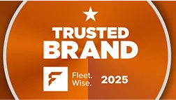 Trusted Brand 2025 logo with a star above and Fleet Wise icon on an orange background.