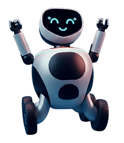 Cute robot with a smiling digital face and arms raised, standing on two wheels.
