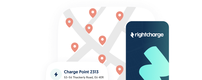 Graphic showing a map with multiple red location pins and a card displaying charge point details next to a Rightcharge logo card.