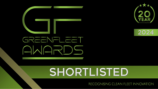 Greenfleet Awards 20 year anniversary 2024 badge with a green banner stating SHORTLISTED and text 'Recognising clean fleet innovation'.