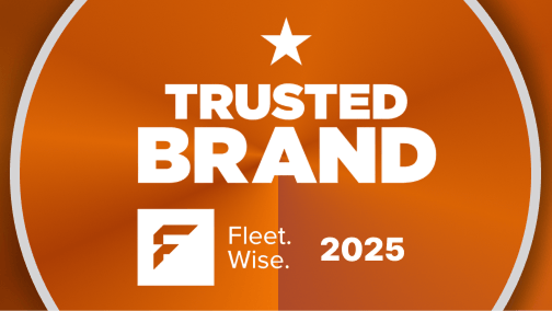 Orange circular badge with a white star, text 'Trusted Brand', and logo with 'Fleet. Wise. 2025'.