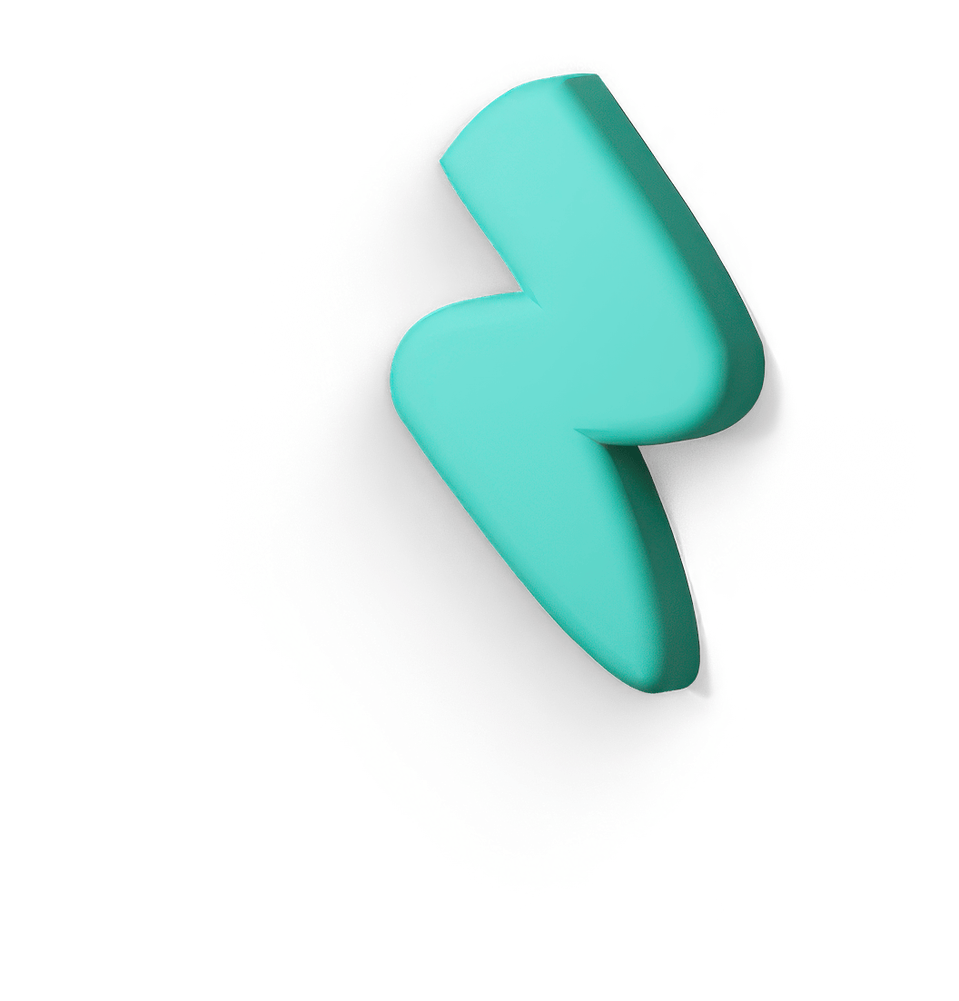 Three-dimensional turquoise lightning bolt casting a shadow on a transparent background.