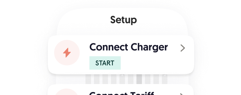 Mobile app screen showing setup step with option to Connect Charger and a Start button.